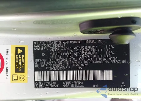 2011 Toyota Highlander Se V6 z USA, uszkodzony, nr VIN 5TDBK3EH5BS067373